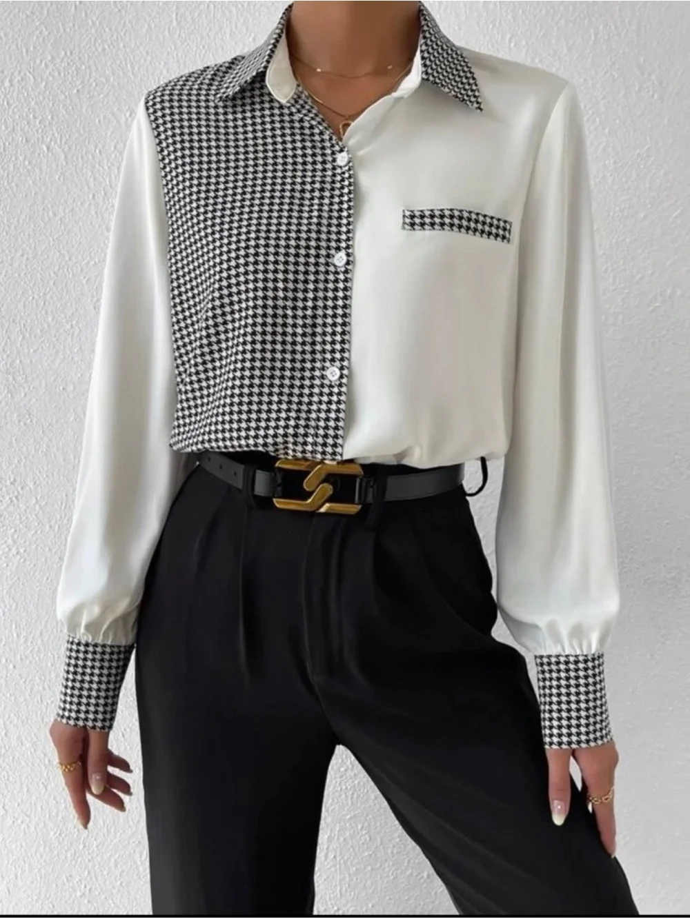 Shein Women's Two-Tone Houndstooth Contrast Button-Up Shirt - White/Black